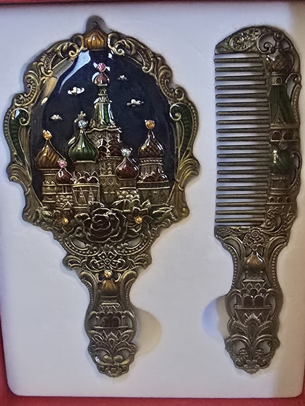 Ornate Antique-Style Hand Mirror and Comb Set - Gold and Blue